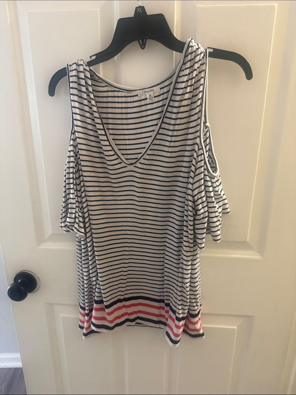 Sophie Max Navy and White Striped Cold-Shoulder Tank with Red and Pink Hem